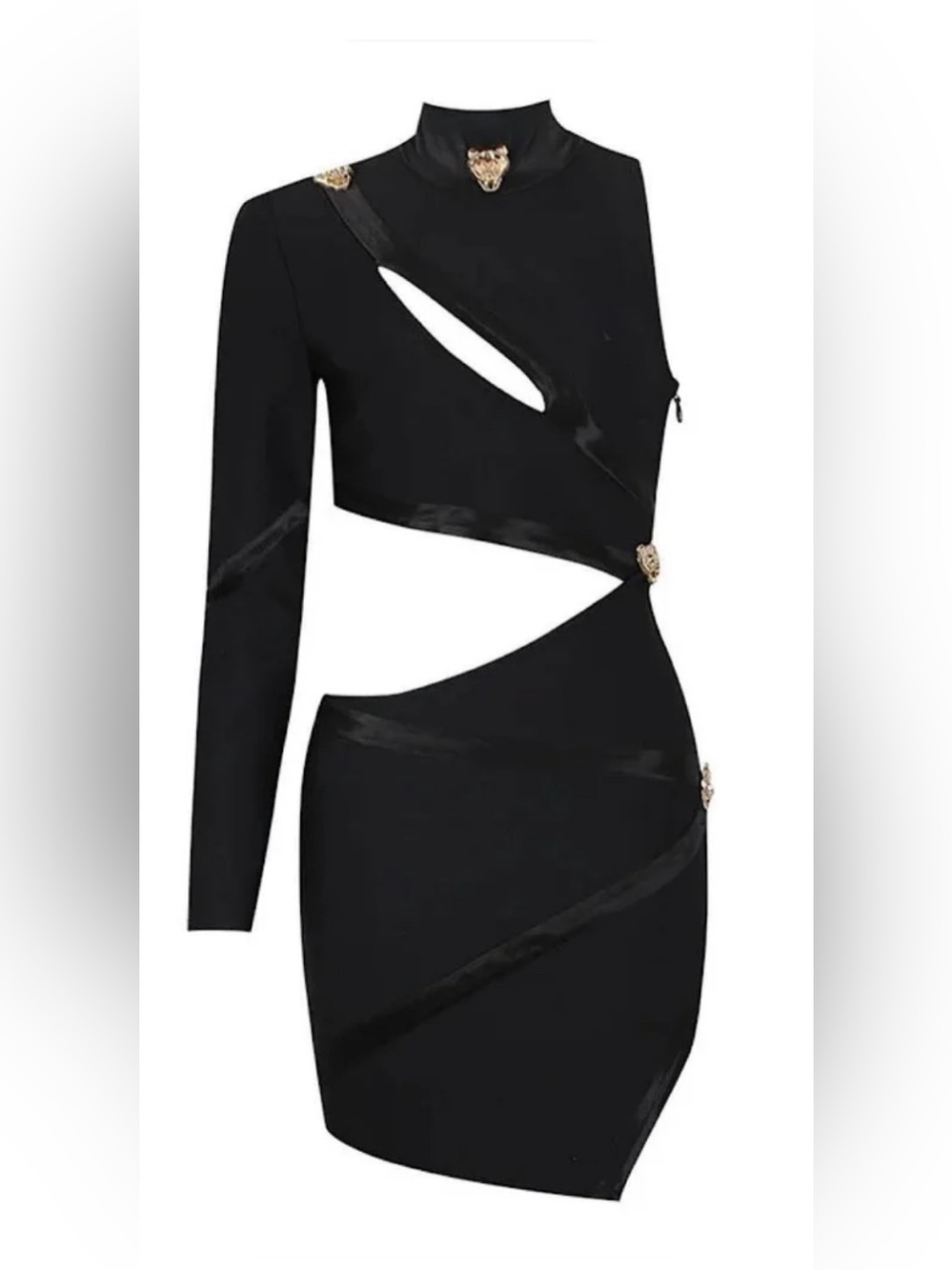 Asymmetrical Black Cutout Bodycon Dress with Gold Accents